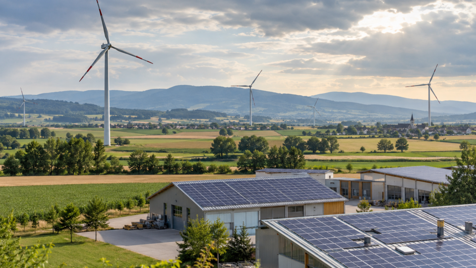 Windräder und Solardächer in einer österreichischen Landschaft (KI-generiertes Symbolbild)