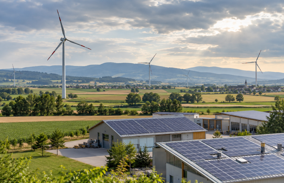 Windräder und Solardächer in einer österreichischen Landschaft (KI-generiertes Symbolbild)