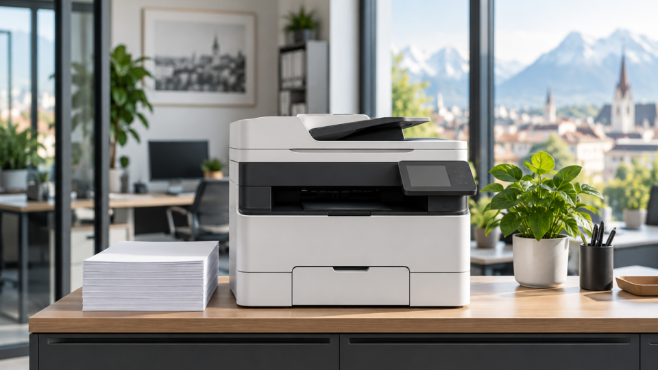 Multifunktionsdrucker mit Papierstapel in einem modernen Büro (KI-generiertes Symbolbild)