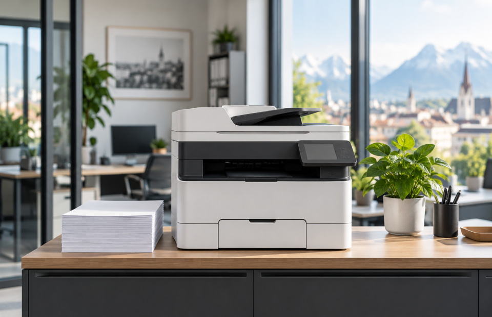 Multifunktionsdrucker mit Papierstapel in einem modernen Büro (KI-generiertes Symbolbild)